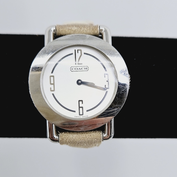 Coach Silver Round Face Analog Watch with Tan Suede Band - Picture 1 of 8